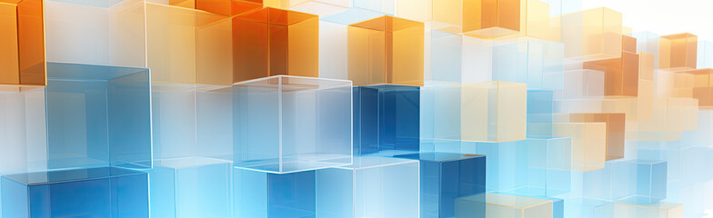 Panoramic texture background with random 3d cubic crystal boxes in bright blue and yellow colors