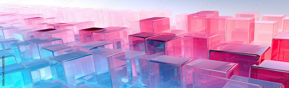 Wall mural panoramic texture background with random 3d cubic crystal boxes in bright blue and red colors