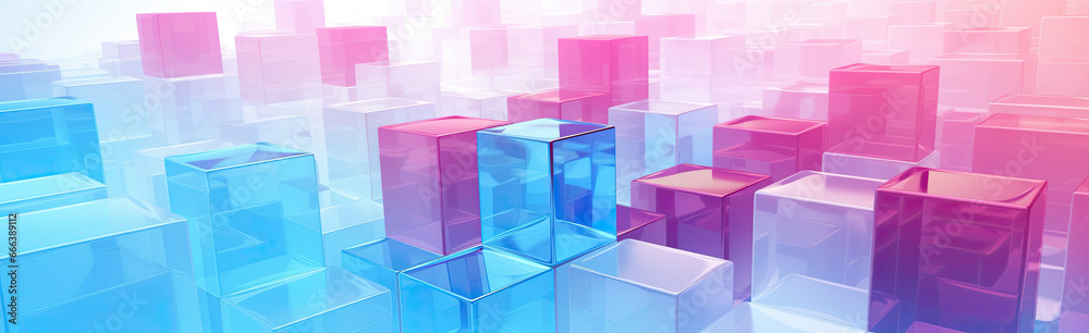 Wall mural panoramic texture background with random 3d cubic crystal boxes in bright blue and red colors