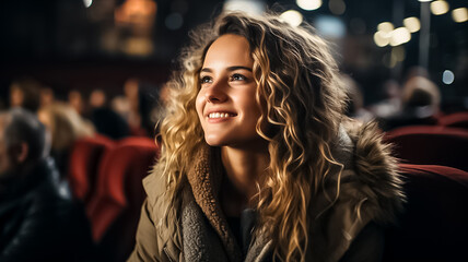 Young woman with popcorn watching with interest a movie in the cinema and laughing. - obrazy, fototapety, plakaty