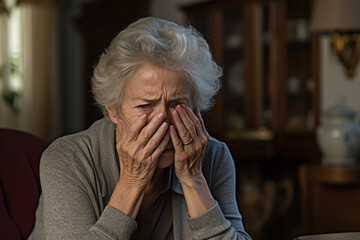 Sick old woman having a headache in the living room during the daytime