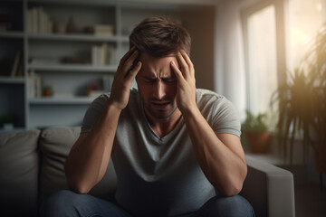 Sick man having a headache in the living room during the daytime