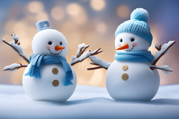 Two smiling snowmen wearing blue scarves and hats. generative AI
