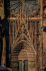 Ornate Gothic facade and the rose window of the Notre Dame Cathedral in Strasbourg, France, one of...