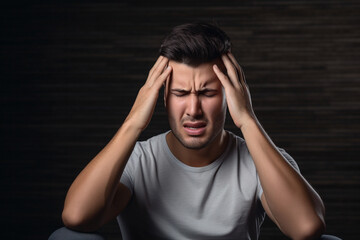 Sick man having a headache in the living room during the daytime
