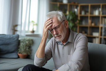 Sick old man having a headache in the living room during the daytime