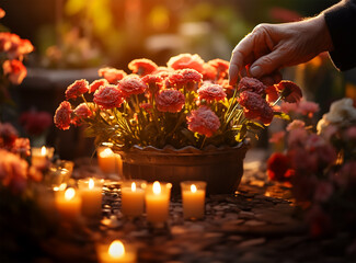hands delicately lighting candles nestled among flowers on graves, evoking a powerful sense of reverence and memory