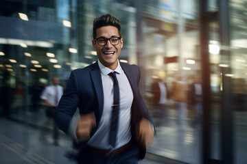 Smiling male businessman running to work with inspiration in advertising concept