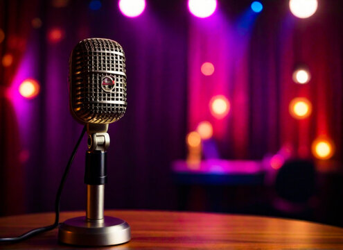microphone on stage with blured background. microphone, music, mic, stage, retro, concert, sound, vintage, audio