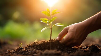 Close-up of two hands gently planting a young tree sapling into the ground - obrazy, fototapety, plakaty