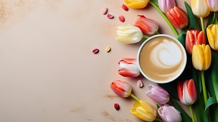 Obraz na płótnie Canvas colorful spring tulip and a cup of hot coffee latte background. mothers day valentine copy space concept