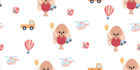 Seamless vector pattern with a hare and children's toys. Print cars, helicopters and a hot air balloon. Printing for printing on fabric and paper. - obrazy, fototapety, plakaty