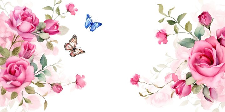 watercolor painting of pink roses and flying butterflies