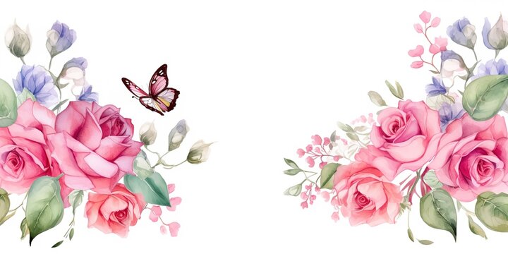 watercolor painting of pink roses and flying butterflies