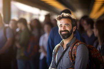 Obraz premium male tourist standing and smiling at a train station full of people