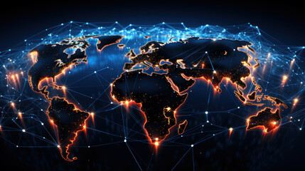 A world map displaying a global communication network interconnecting around the world,Communications hub, conceptual illustration,World and communicate. - obrazy, fototapety, plakaty