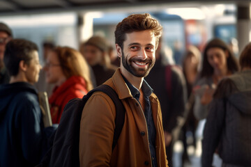 male tourist standing and smiling at a train station full of people