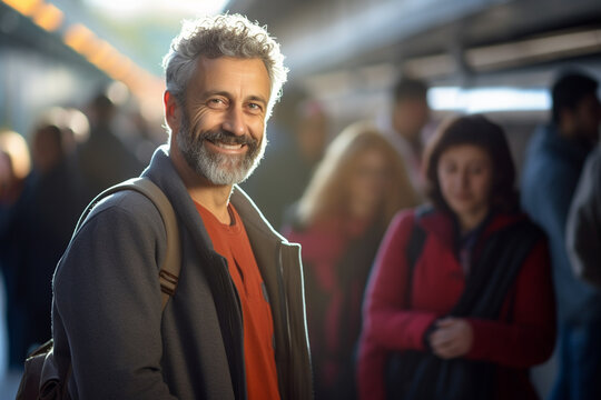 male tourist standing and smiling at a train station full of people