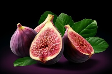 Fig fruit and slices with leaf on white background. Generative AI