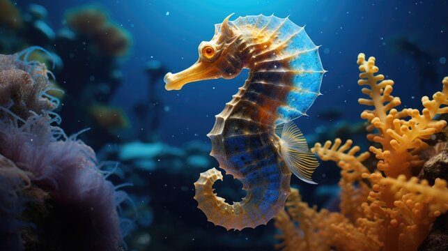 Intricate seahorse profile among colorful corals in deep waters. Marine life and seascapes.