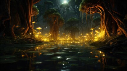 Enchanted forest illuminated by magical lights with reflecting pond. Fantasy and wonder.