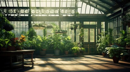Sunlit conservatory with variety of flora on display. Garden and horticulture.
