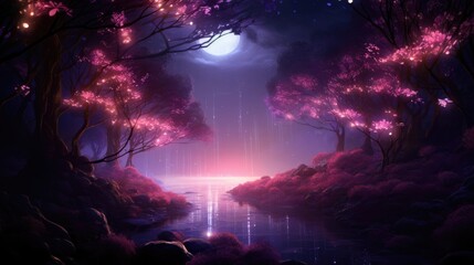 Twilight forest scene with shimmering butterflies over water. Magical nature.