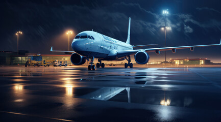 an airport at night has an airplane on the asphalt - obrazy, fototapety, plakaty