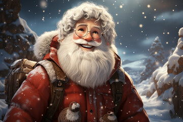 Fototapeta premium A cheerful cartoon of Santa Claus enjoying a snowy walk with his reindeer. 