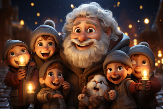 A heartwarming cartoon illustration of Santa Claus hugging a group of happy children.  