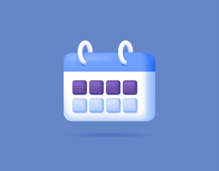 3d calendar illustration. agenda, schedule, day, week. symbol or icon. minimalist 3d design. blue, purple, white. vector elements. blue background