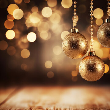 A festive Christmas background with sparkling golden lights and elegant ornaments. 