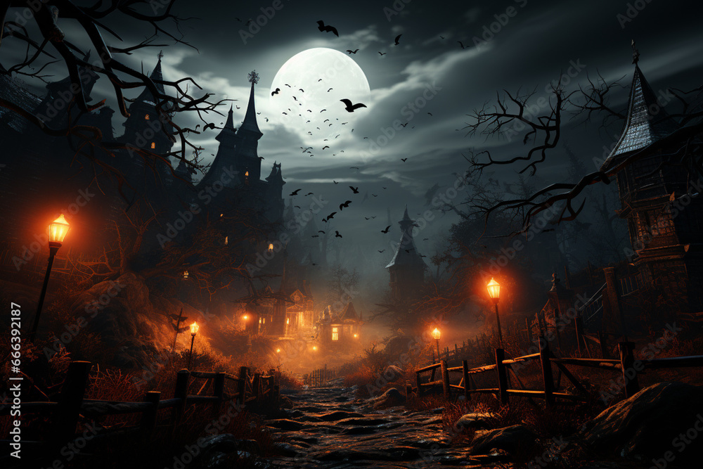 Poster a haunted cemetery with bats flying overhead and a full moon illuminating the scene.