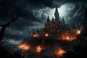 Fotobehang A haunted castle with lightning striking and thunder rumbling in the background.   © Oleksandr
