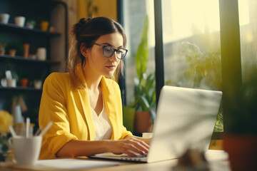 Concentrated professional woman in a yellow jacket working on laptop in modern office