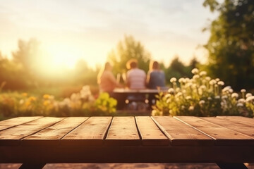 empty wooden table on background Happy friends enjoying time outdoors