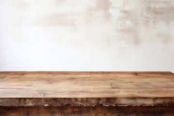 empty wooden table with white grunge wall in the background