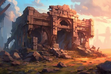 Naklejka premium Ancient wreckage gaming illustration. Generative AI