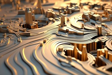 Abstract dynamic terrain with metallic landscape and circuitry. Futuristic tech background with intricate shapes. Generative AI