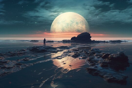 An image of a forlorn oceanic wasteland with a distant blue planet suspended above the water. Generative AI