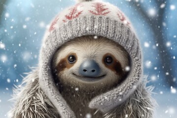 adorable sloth wearing winter hat and scarf surrounded by snow. Generative AI