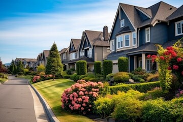 Summer suburb houses in North America with beautiful landscaped residential neighborhood. Generative AI