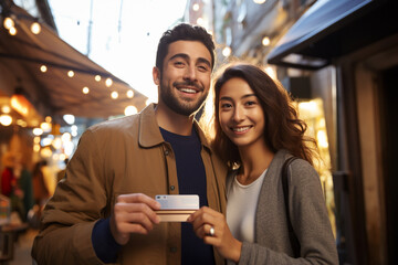 couple tourist holding credit card on bokeh city background - obrazy, fototapety, plakaty