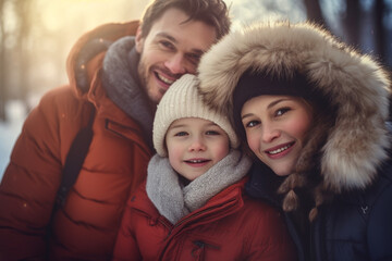 Obraz premium A family in winter clothes stands and chats in front of a house in winter