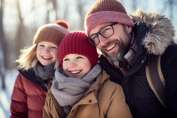 Obraz premium A family in winter clothes stands and chats in front of a house in winter