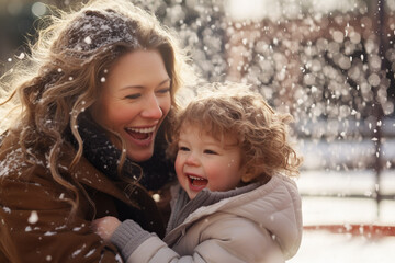 Obraz premium Mother playing with snow with child in front of house in winter