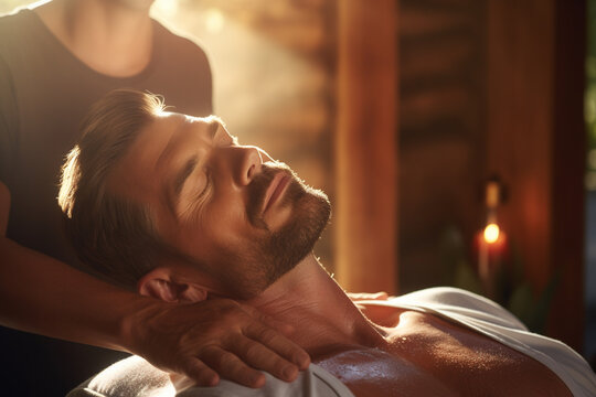 Man happily massaging shoulders in spa on a bokeh style background