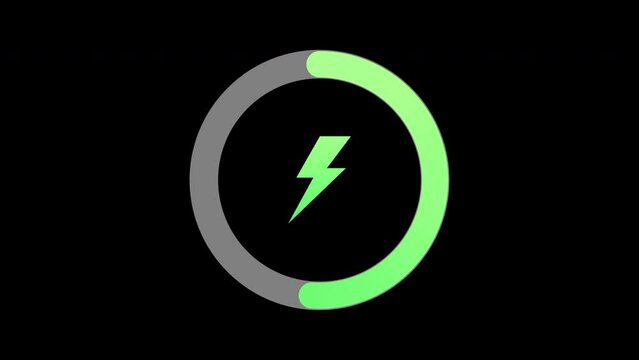 Green battery charging animation with power icon isolated on a black background.