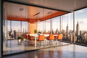 Vibrant meeting room with city view, glass partition, and natural light. Ideal for work. 3D rendering. Generative AI