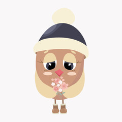 owlet with a bouquet of flowers vector illustration in flat style